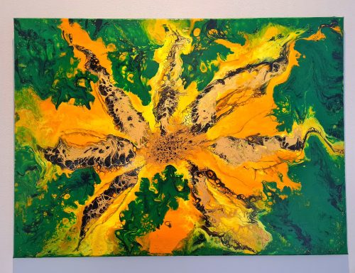 Abstrakte Kunst mit gelben, grünen und schwarzen Farbswirbeln in blütenähnlichem Muster.