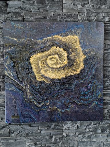 Gemälde Acryl Malerei abstrakte goldene Spirale auf dunklem, strukturiertem Hintergrund.
