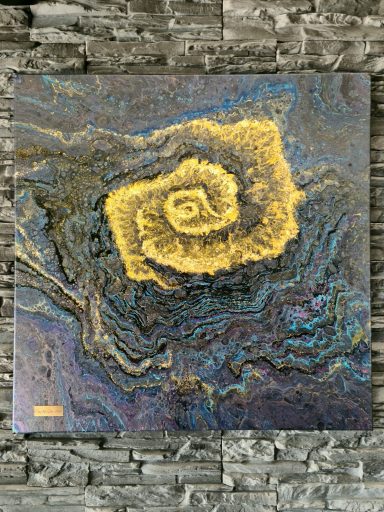 Gemälde Acryl Malerei abstrakte goldene Spirale auf dunklem, strukturiertem Hintergrund.