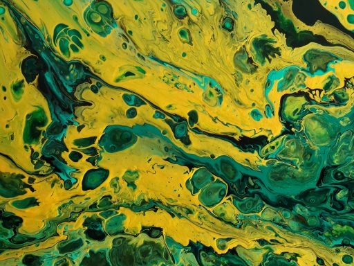 Gemälde Acryl Malerei, Pouring Fluid Art, abstrakte Farbverläufe in Gelb, Grün und Türkis mit fließenden Mustern.